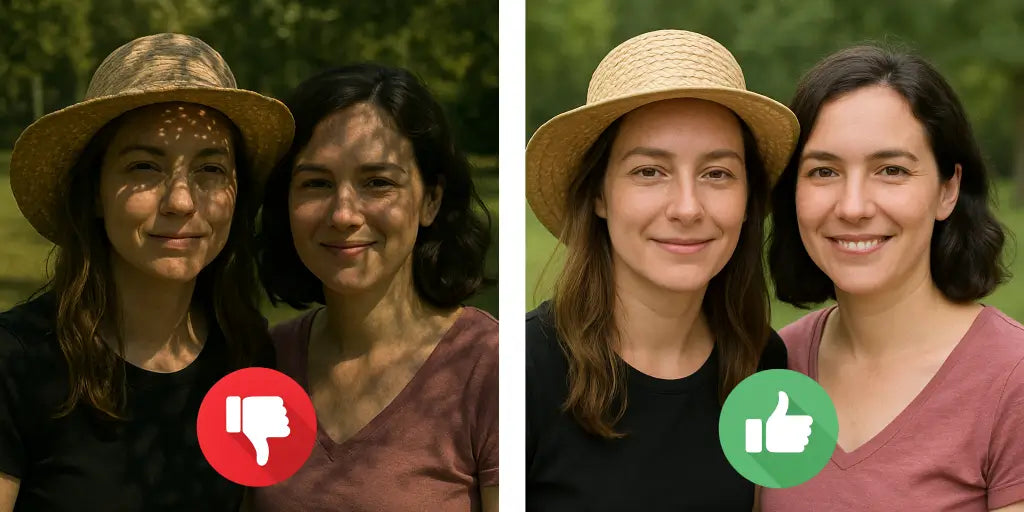 Vergelijking van slecht en goed belichte gezichten bij het kiezen van een foto voor een mozaïek